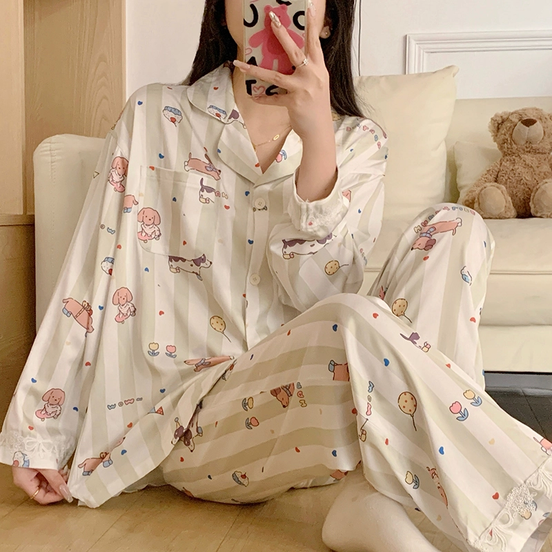 夏芬妍 甜美休闲舒适条纹派对小狗冰丝家居服亲肤宽松长袖长裤时尚可外穿睡衣套装 女款