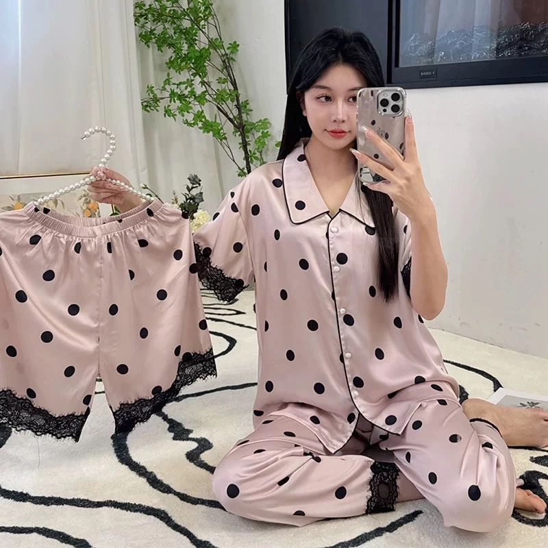 夏芬妍 甜美休闲高级感波点蕾丝冰丝翻领家居服舒适亲肤宽松短袖三件套可外穿睡衣套装 女款 粉色