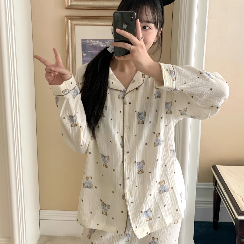 夏芬妍 柔软舒适蝴蝶结小熊云朵棉开衫家居服亲肤休闲长袖长裤可外穿春秋款睡衣套装 女款 杏色