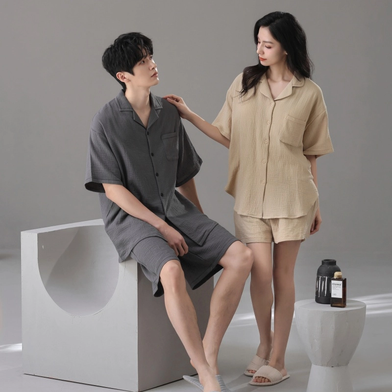 夏芬妍 简约轻盈柔软舒适纯色翻领家居服休闲亲肤短袖可外穿睡衣套装 男女同款