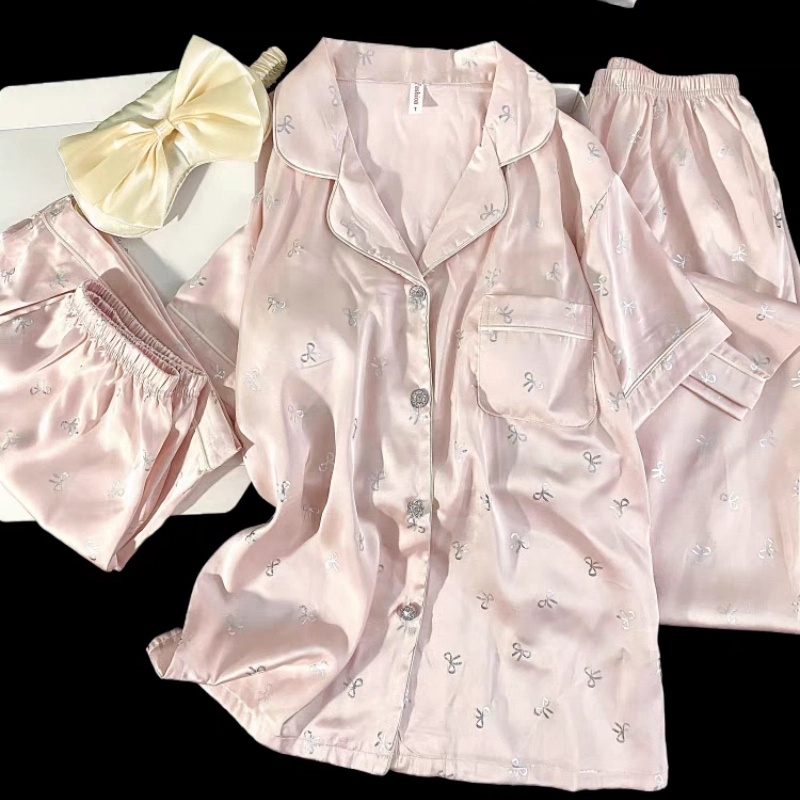 夏芬妍 甜美休闲高级感蝴蝶结冰丝翻领家居服舒适亲肤宽松短袖三件套可外穿睡衣套装 女款