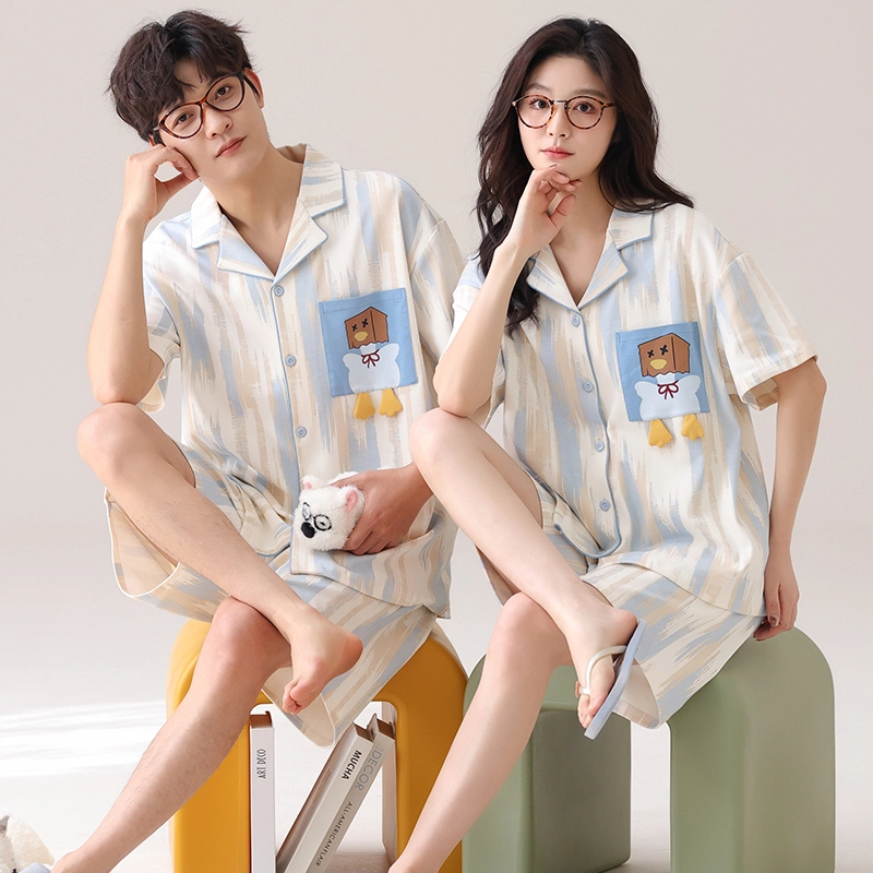 夏芬妍 柔软舒适卡通小鸭纯棉翻领家居服休闲舒适短袖时尚可外穿睡衣套装 男女同款