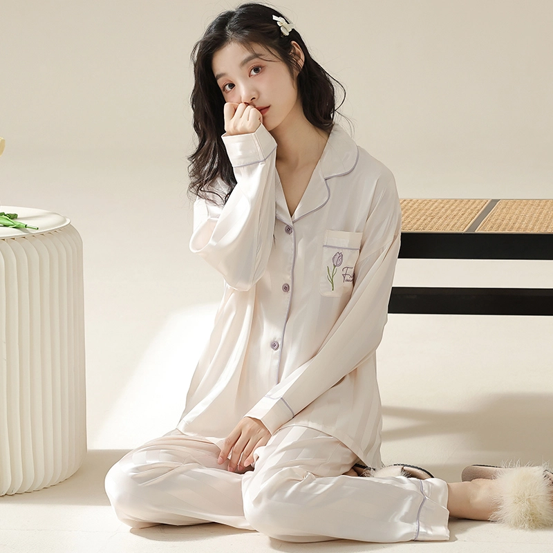 夏芬妍 简约休闲高级感条纹郁金香冰丝家居服舒适亲肤宽松长袖长裤可外穿睡衣套装 女款 米色