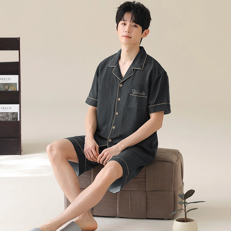 夏芬妍 简约舒适柔软纯色云朵棉翻领开衫家居服亲肤休闲短袖短裤时尚可外穿睡衣套装 男款 深灰色