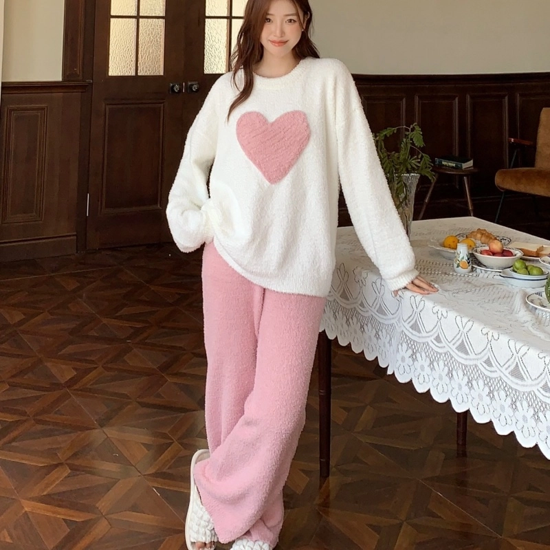 夏芬妍 简约甜美柔软亲肤爱心半边绒家居服蓄温保暖长袖长裤可外穿睡衣套装 女款 粉色