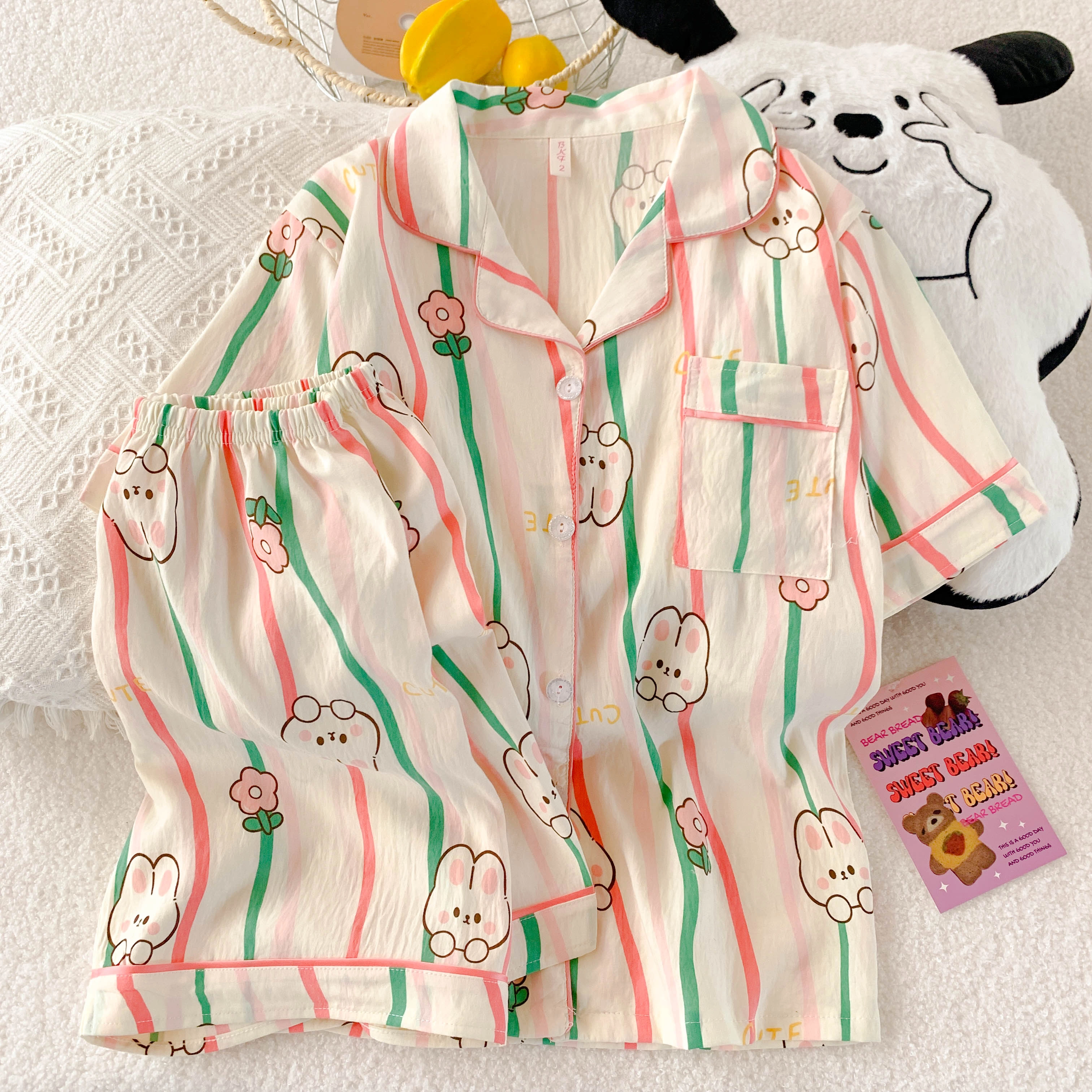 夏芬妍 柔软舒适条纹花朵萌兔云朵棉翻领开衫家居服亲肤休闲短袖短裤可外穿睡衣套装 女款 杏色
