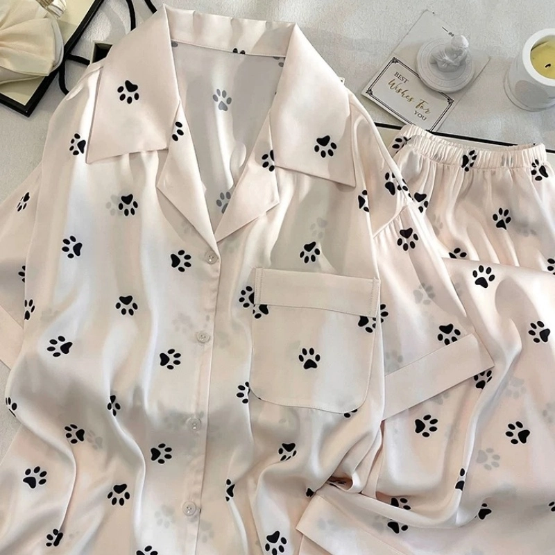 夏芬妍 简约高级感猫咪小爪冰雪丝翻领家居服舒适亲肤宽松短袖三件套可外穿睡衣套装 女款