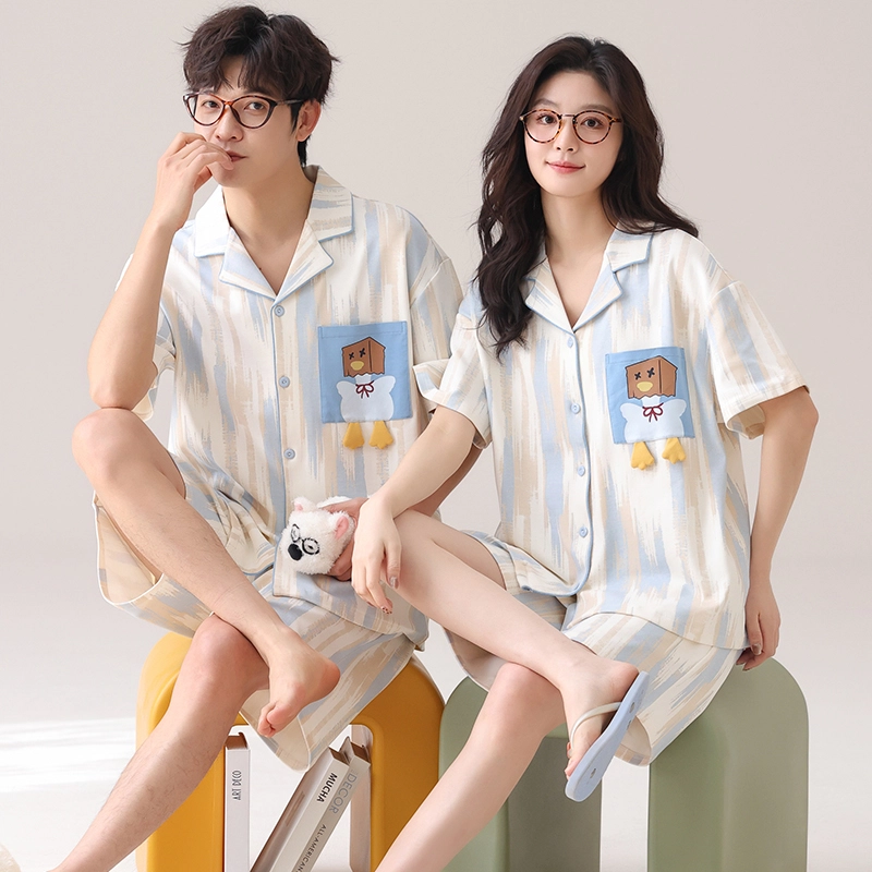 夏芬妍 柔软舒适卡通小鸭纯棉翻领家居服休闲舒适短袖时尚可外穿睡衣套装 男女同款