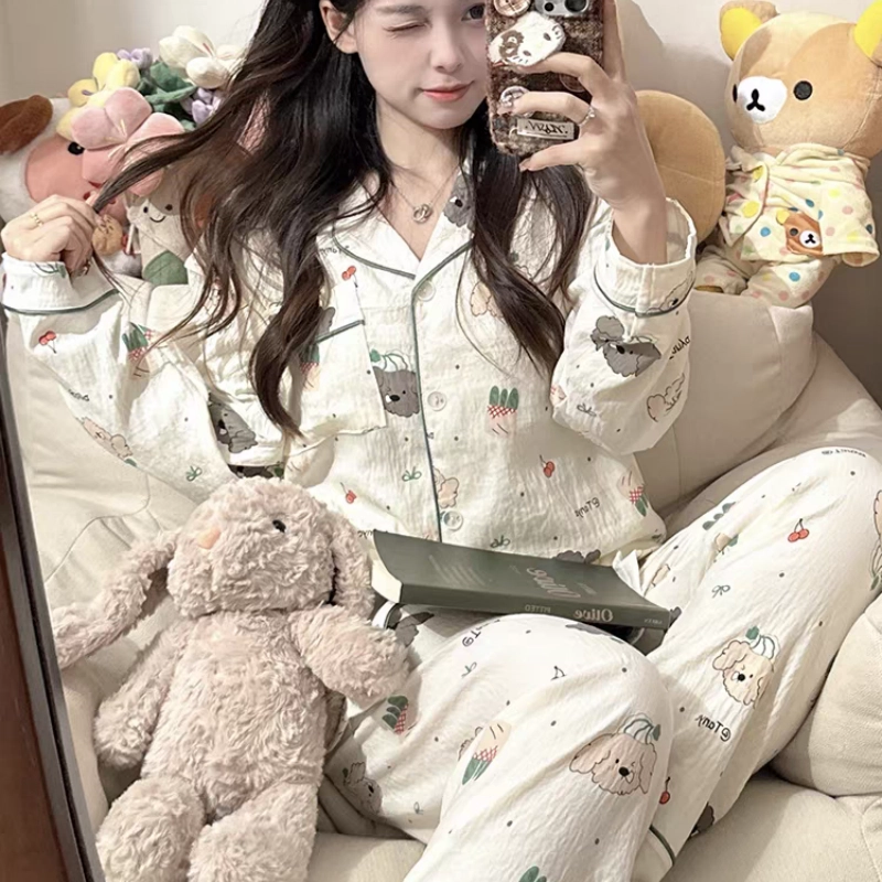 夏芬妍 柔软舒适萌狗乐园云朵棉开衫家居服亲肤休闲长袖长裤可外穿春秋款睡衣套装 女款 杏色