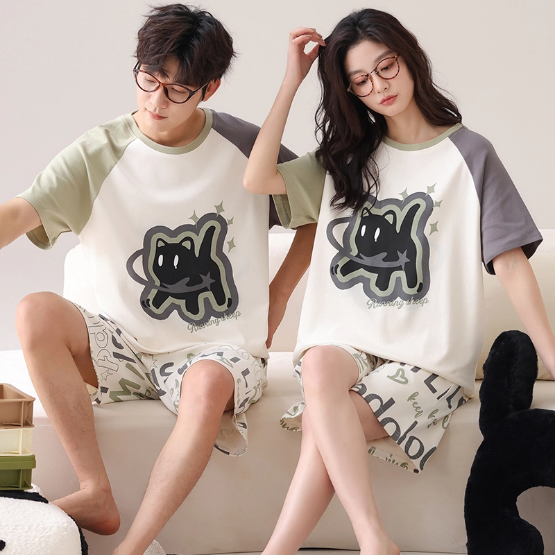 夏芬妍 柔软字母黑猫翻领家居服休闲舒适短袖短裤时尚可外穿睡衣套装 男女同款