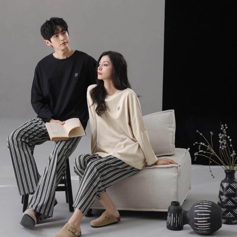 夏芬妍 时尚轻盈舒适柔软侘寂风条纹圆领家居服休闲亲肤宽松长袖长裤可外穿睡衣套装 男女同款