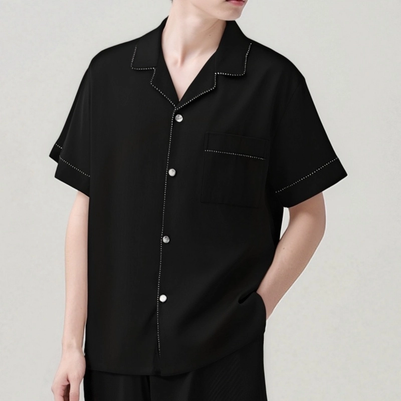 夏芬妍 简约休闲百搭纯色舒适亲肤短袖时尚翻领可外穿家居服睡衣套装 男款 黑色