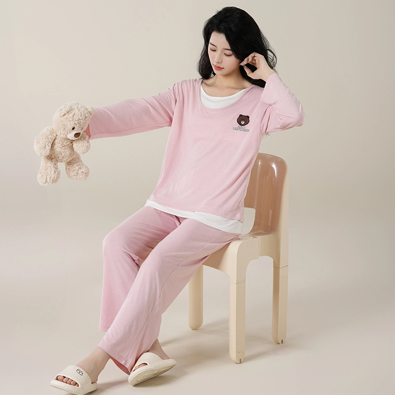 夏芬妍 简约柔软舒适透气亲肤纯色小熊假两件圆领家居服休闲宽松长袖长裤带胸垫可外穿睡衣套装 女款 粉色