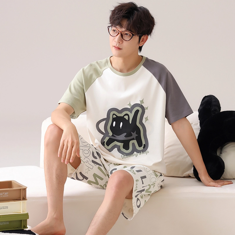 夏芬妍 柔软字母黑猫翻领家居服休闲舒适短袖短裤时尚可外穿睡衣套装 男女同款