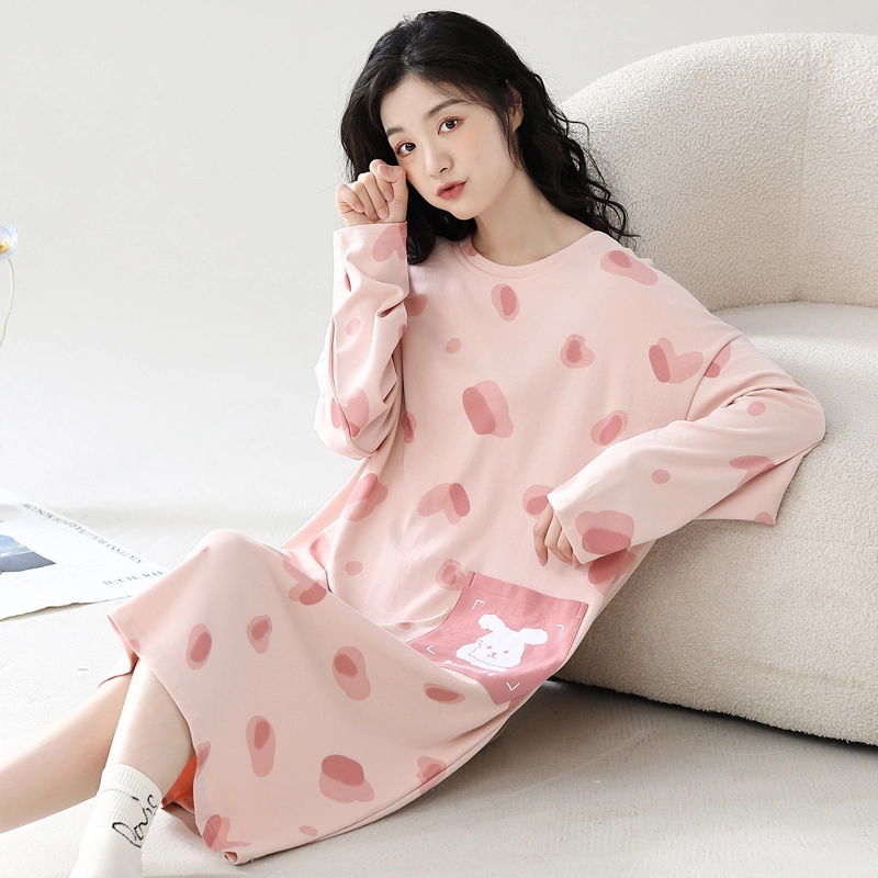 夏芬妍 舒适柔软不规则色块贴袋带胸垫圆领家居服亲肤休闲长袖可外穿中长款睡衣礼盒 女款 粉色