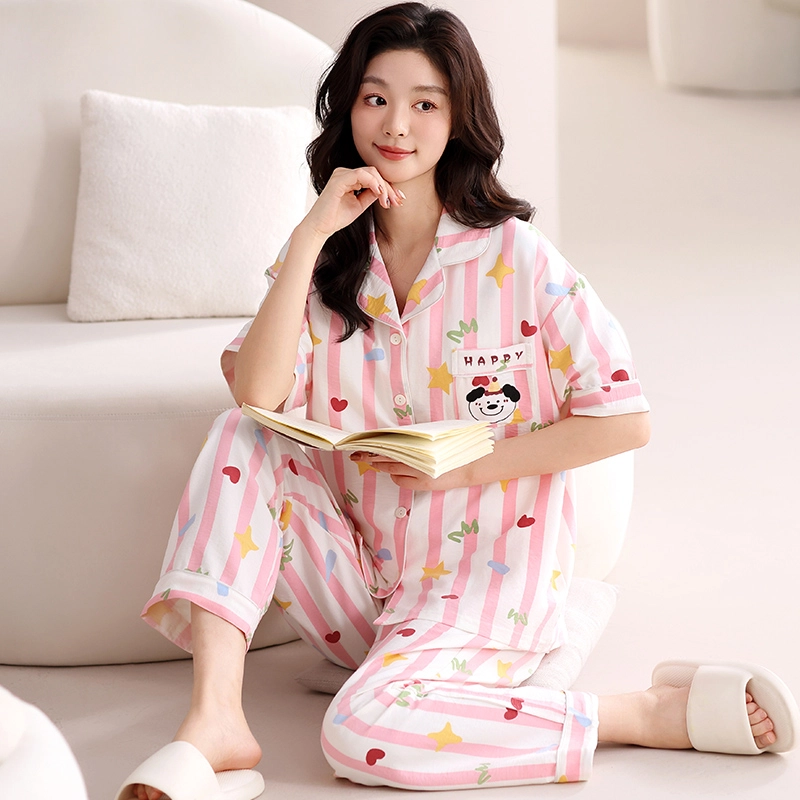 夏芬妍 甜美可爱条纹爱心狗云朵棉舒适亲肤宽松凉感短袖三件套时尚翻领带胸垫可外穿家居服睡衣套装 女款 粉色