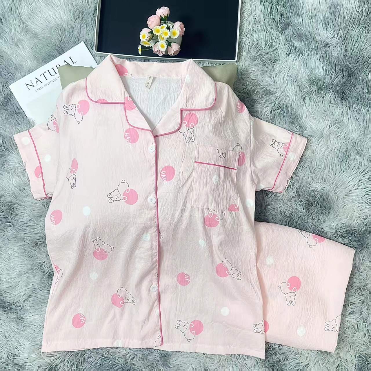 夏芬妍 简约卡通满印波点小兔翻领云朵棉短袖长裤家居服可爱舒适休闲可外穿睡衣套装 女款 粉色