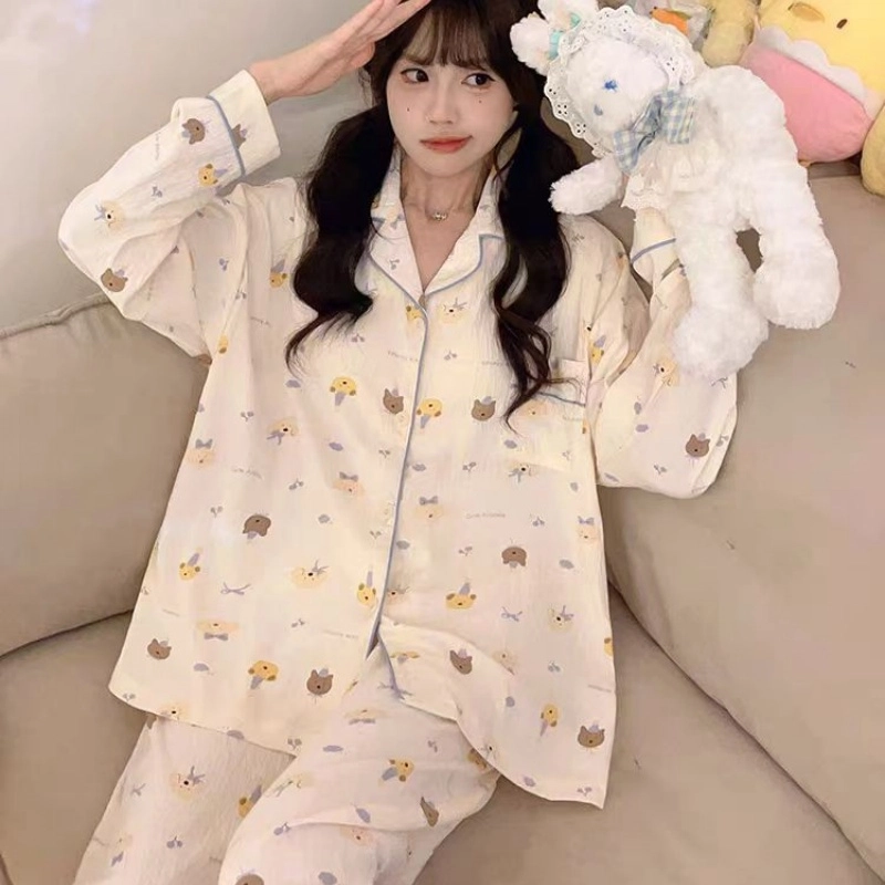 夏芬妍 柔软舒适萌狗乐园云朵棉开衫家居服亲肤休闲长袖长裤可外穿春秋款睡衣套装 女款 杏色