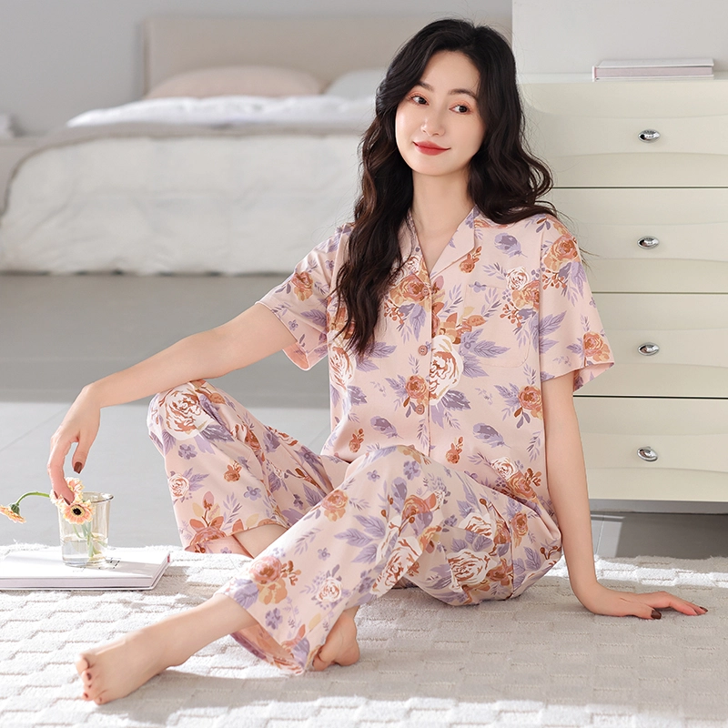 夏芬妍 简约时尚柔软舒适花卉满印翻领家居服亲肤休闲短袖长裤可外穿睡衣套装 女款 粉色