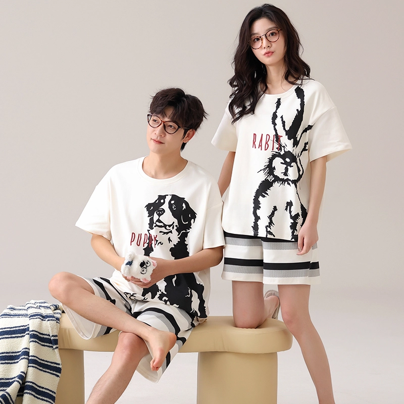 夏芬妍 柔软舒适条纹萌宠翻领家居服休闲短袖短裤时尚可外穿睡衣套装 男女同款