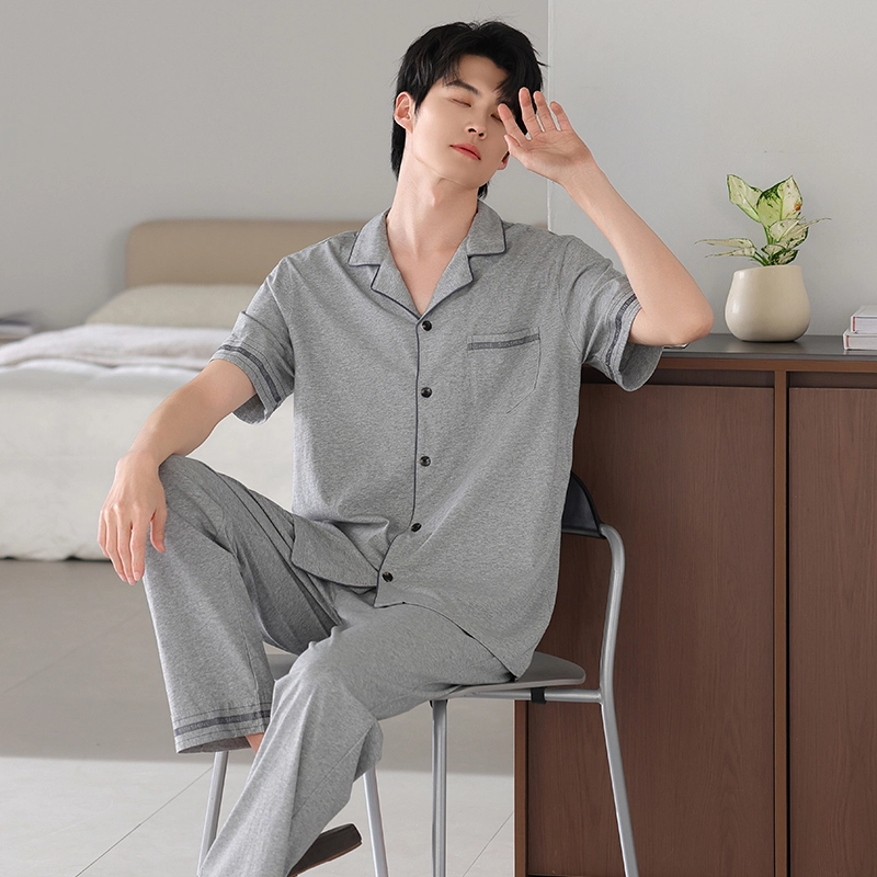 夏芬妍 简约时尚大方柔软舒适纯色字母边翻领家居服亲肤休闲短袖长裤可外穿睡衣套装 男款