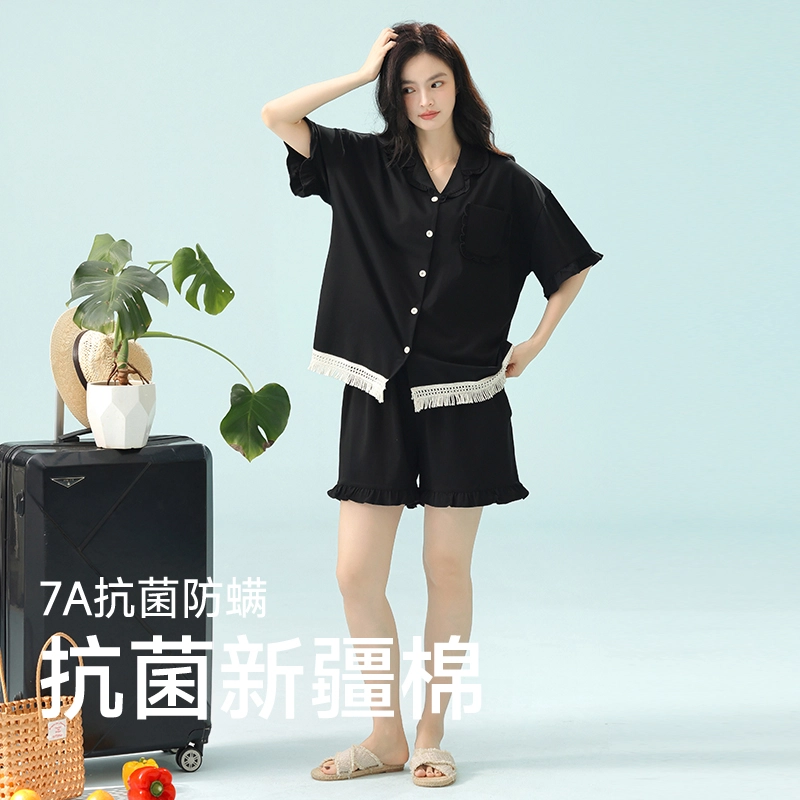 夏芬妍 柔软舒适透气亲肤纯色流苏木耳边翻领家居服休闲宽松凉感短袖时尚可外穿睡衣套装 女款 黑色