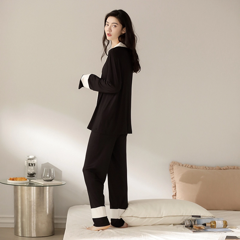 夏芬妍 简约高级感开衫家居服保暖蓄温可外穿长袖长裤睡衣套装 女款 黑色