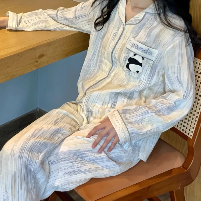 夏芬妍 柔软舒适条纹熊猫云朵棉开衫家居服亲肤休闲长袖长裤可外穿春秋款睡衣套装 女款 杏色