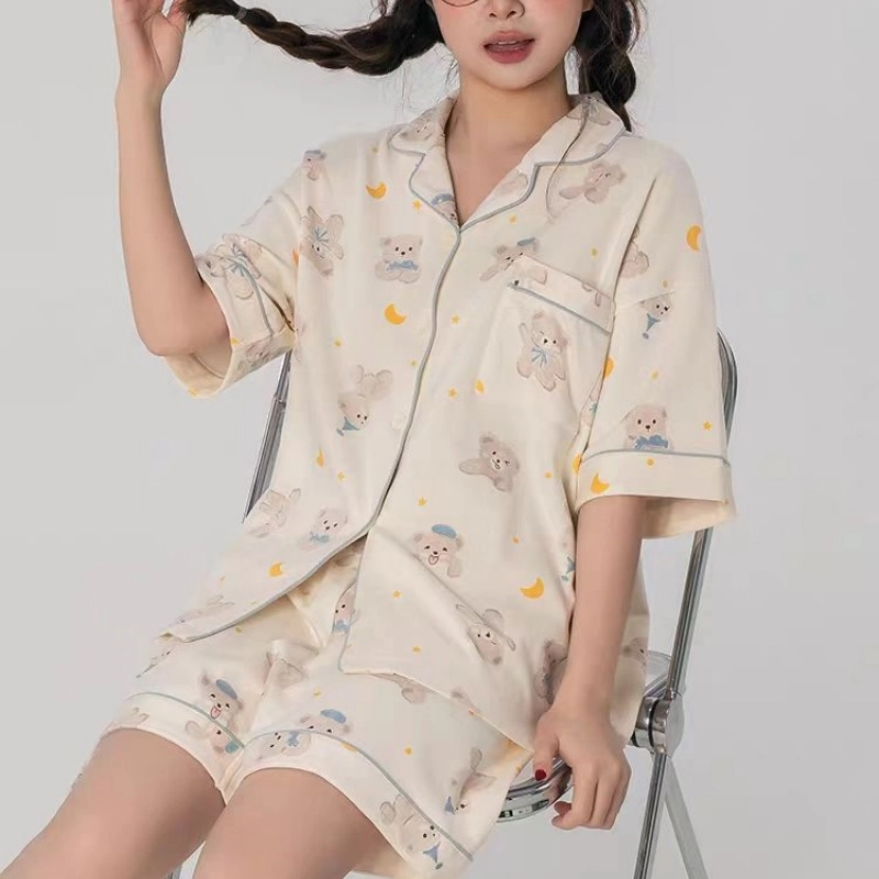 夏芬妍 甜美休闲舒适时尚月亮小熊纯棉翻领家居服亲肤宽松短袖短裤可外穿睡衣套装 女款 杏色