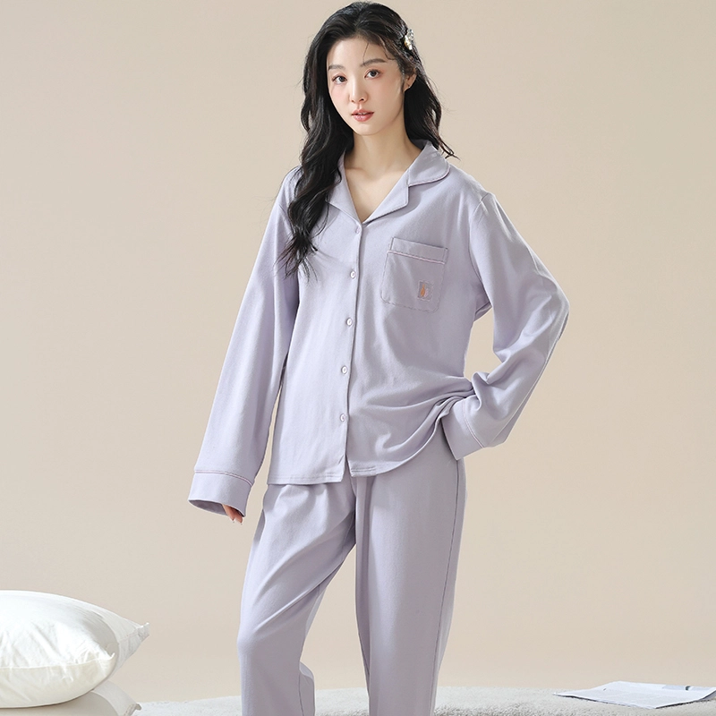 夏芬妍 时尚休闲舒适纯色贴袋翻领家居服亲肤宽松长袖长裤可外穿春秋款睡衣套装 女款 紫色