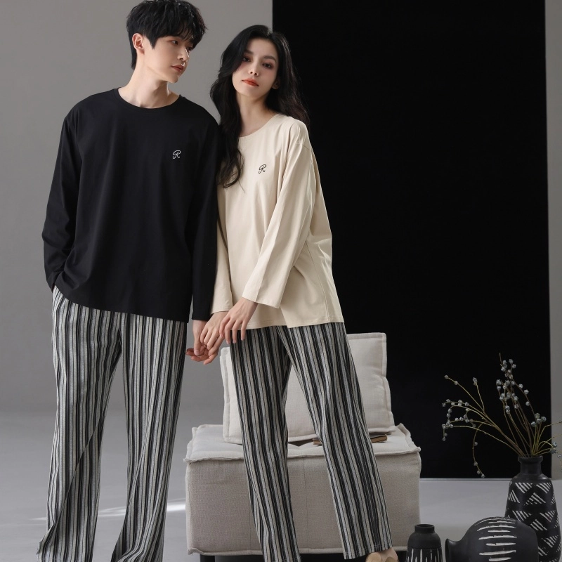 夏芬妍 时尚轻盈舒适柔软侘寂风条纹圆领家居服休闲亲肤宽松长袖长裤可外穿睡衣套装 男女同款