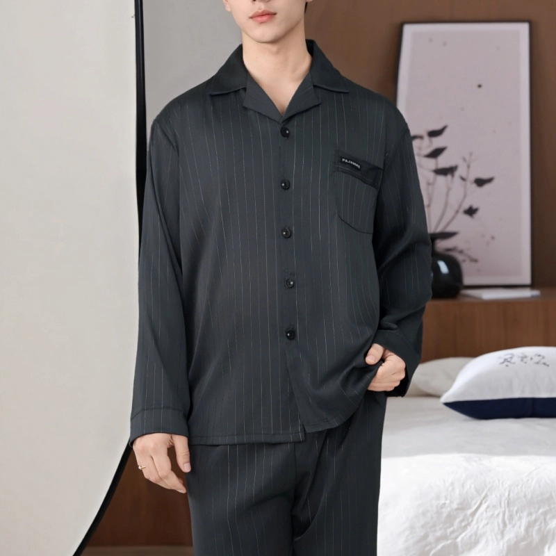 夏芬妍 时尚高级感条纹冰丝翻领家居服简约休闲舒适亲肤宽松长袖长裤可外穿睡衣套装 男款 黑色