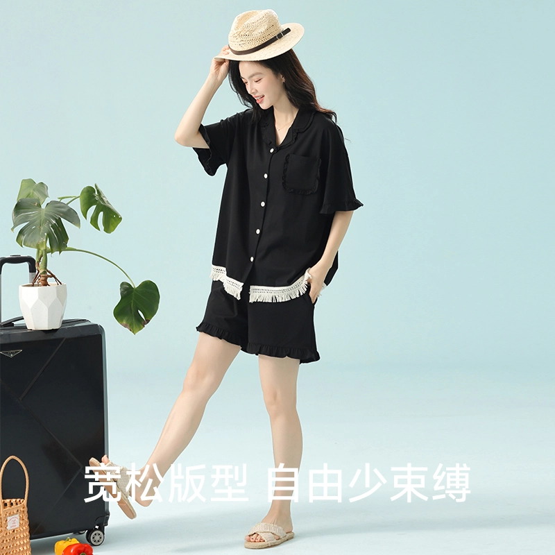 夏芬妍 柔软舒适透气亲肤纯色流苏木耳边翻领家居服休闲宽松凉感短袖时尚可外穿睡衣套装 女款 黑色