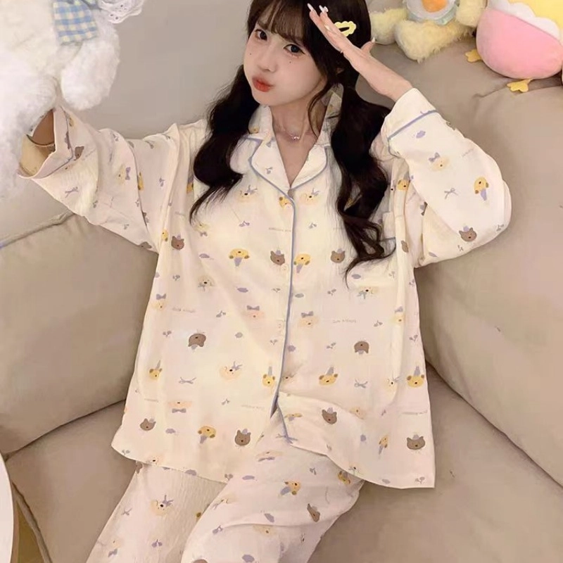 夏芬妍 柔软舒适萌狗乐园云朵棉开衫家居服亲肤休闲长袖长裤可外穿春秋款睡衣套装 女款 杏色