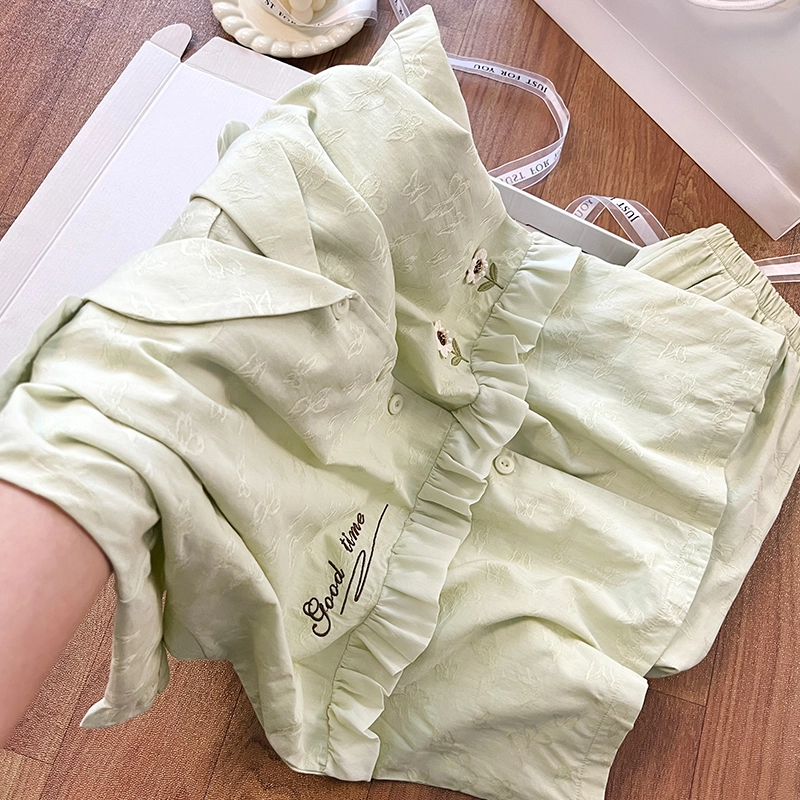 夏芬妍 甜美纯色花朵木耳边翻领家居服亲肤休闲短袖长裤时尚可外穿睡衣套装 女款 绿色