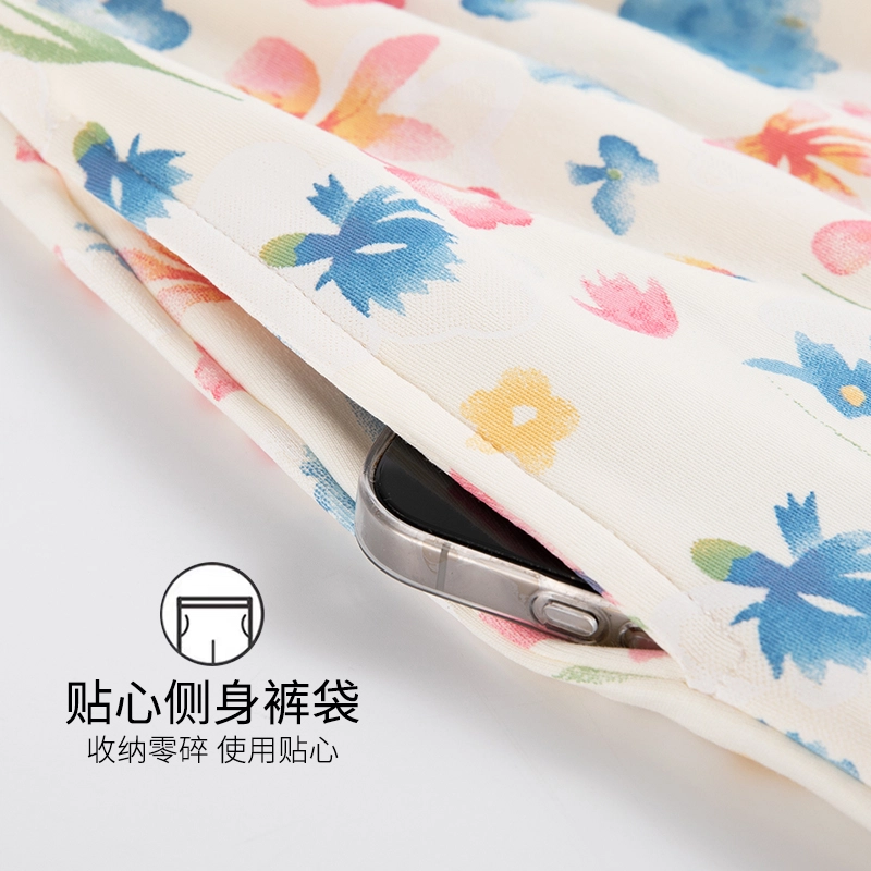 夏芬妍 亲肤舒适缤纷小猫纯棉圆领带胸垫家居服柔软休闲短袖三件套时尚可外穿睡衣套装 女款