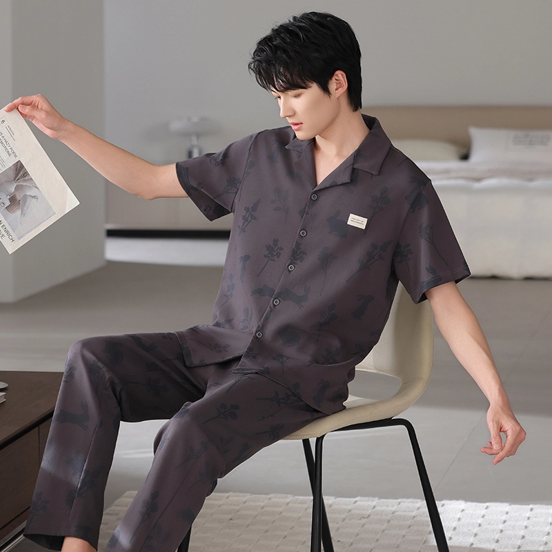 夏芬妍 简约时尚大方柔软舒适兔子花朵翻领家居服亲肤休闲短袖长裤可外穿睡衣套装 男款 棕色