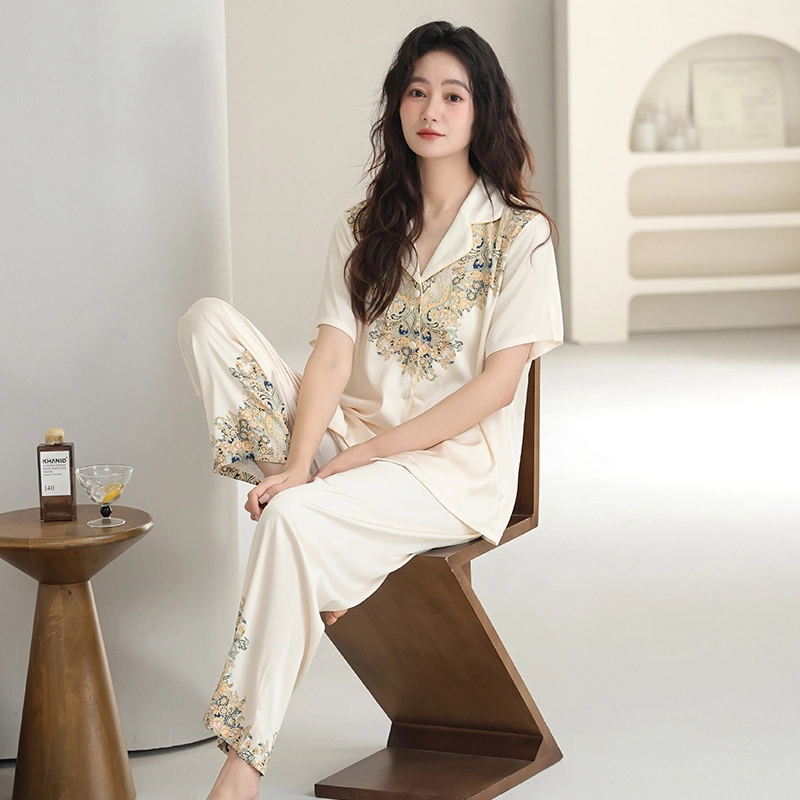 夏芬妍 简约舒适高级感宫廷风翻领家居服亲肤宽松休闲短袖短裤长裤三件套可外穿睡衣套装 女款 杏色