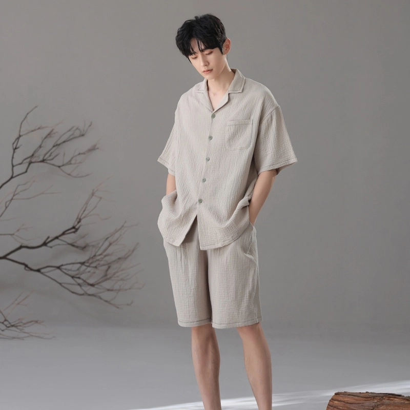 夏芬妍 简约轻盈柔软舒适纯色翻领家居服休闲亲肤短袖可外穿睡衣套装 男女同款