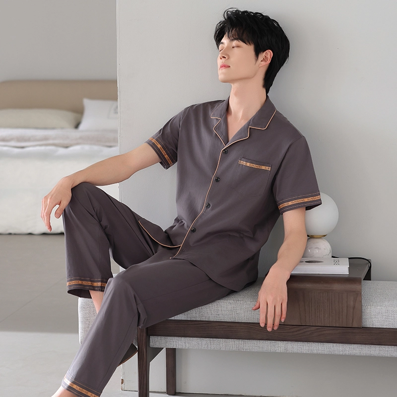 夏芬妍 简约时尚大方柔软舒适纯色字母边翻领家居服亲肤休闲短袖长裤可外穿睡衣套装 男款