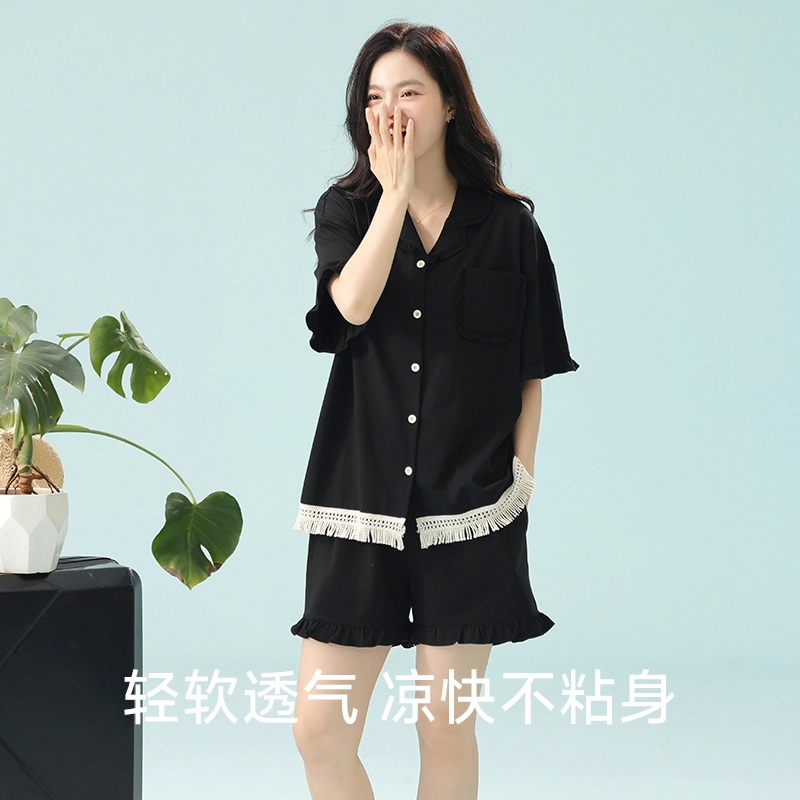 夏芬妍 柔软舒适透气亲肤纯色流苏木耳边翻领家居服休闲宽松凉感短袖时尚可外穿睡衣套装 女款 黑色
