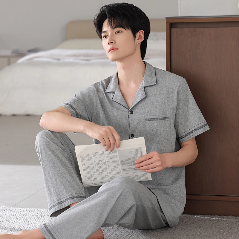 夏芬妍 简约时尚大方柔软舒适纯色字母边翻领家居服亲肤休闲短袖长裤可外穿睡衣套装 男款