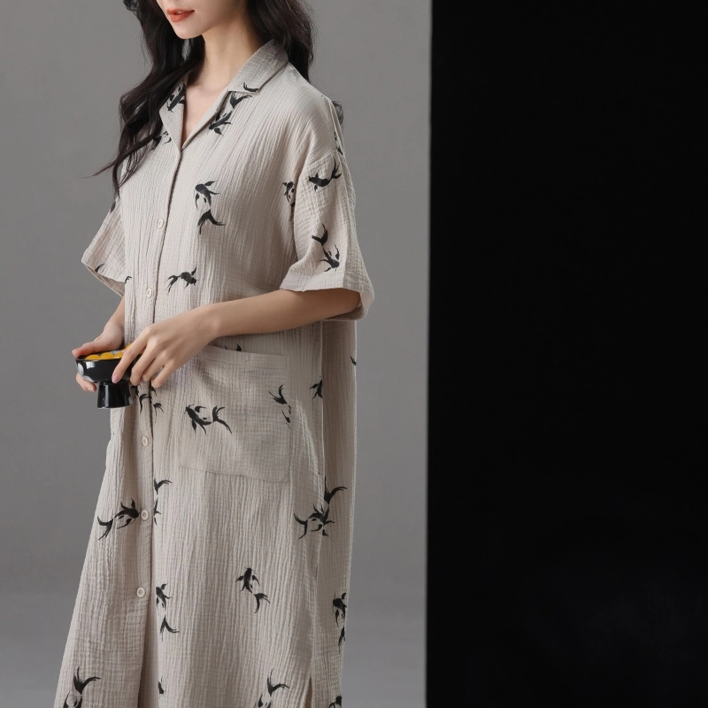 夏芬妍 时尚轻盈舒适柔软侘寂风金鱼满印圆领婴儿棉双层纱睡衣家居服休闲亲肤宽松长袖可外穿睡裙 女款 灰色