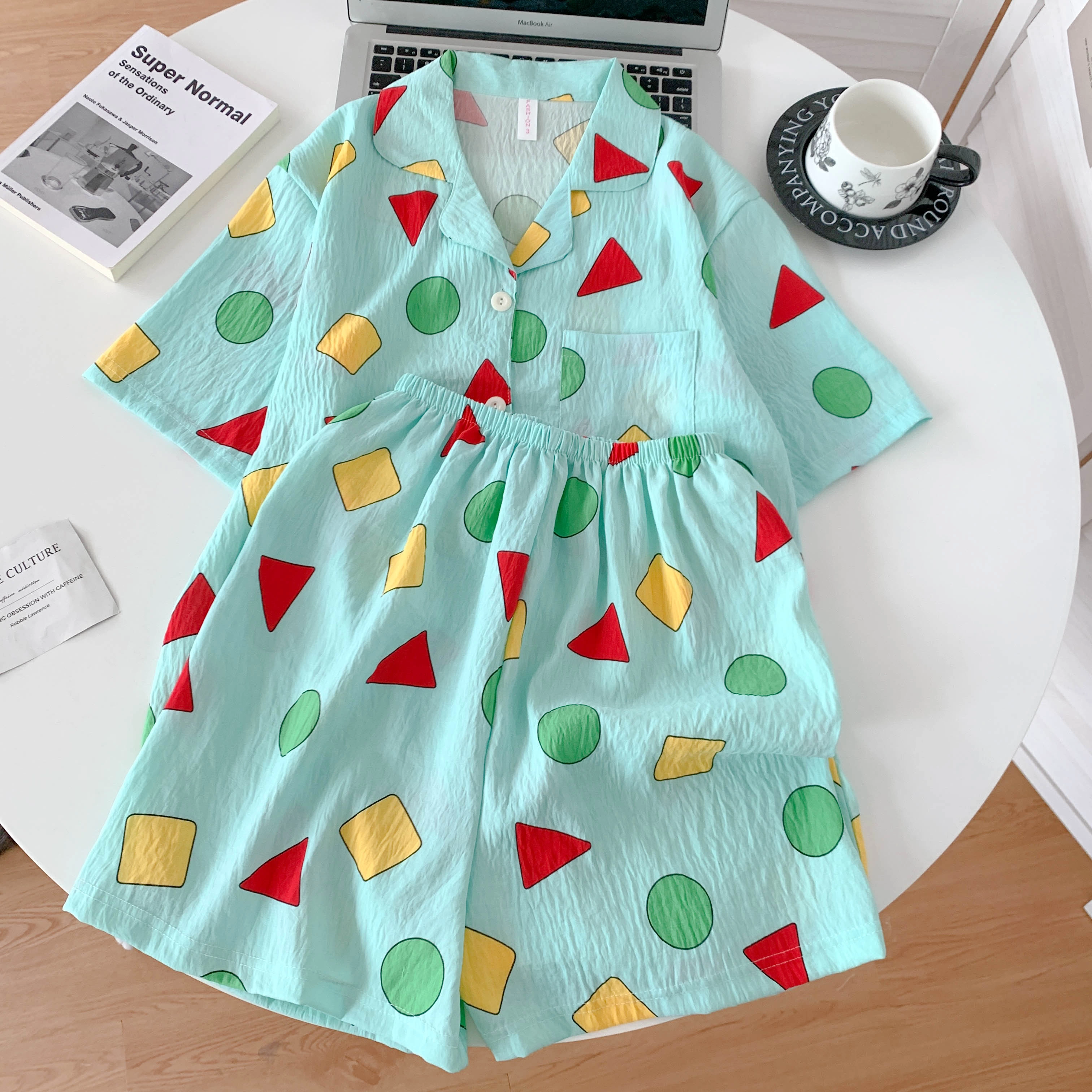 夏芬妍 可爱卡通几何图形翻领云朵棉短袖短裤家居服柔软舒适休闲可外穿夏季睡衣套装 女款