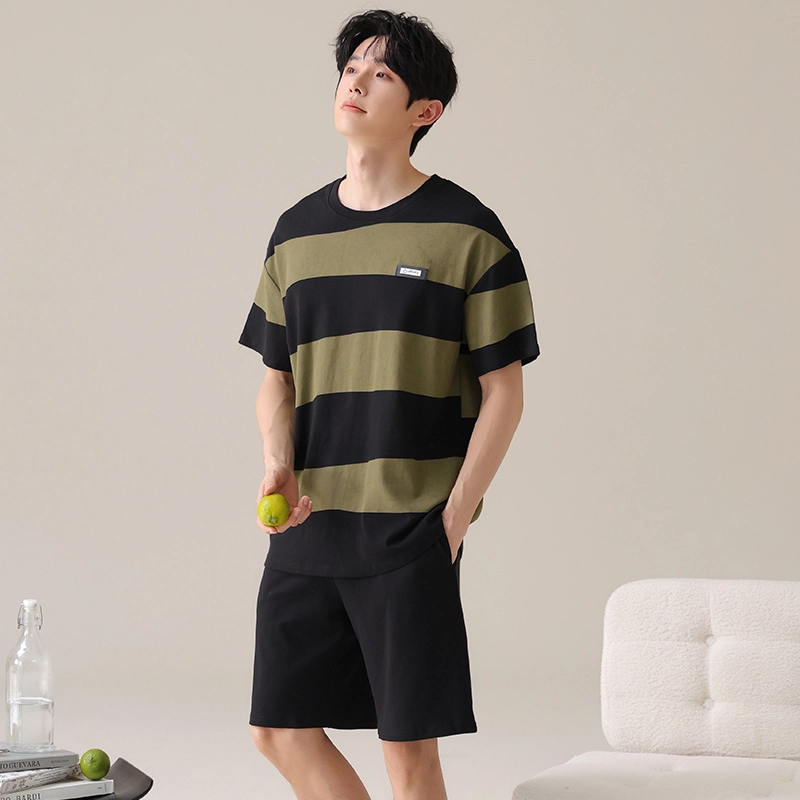 夏芬妍 亲肤舒适撞色条纹纯棉圆领家居服柔软休闲短袖短裤时尚可外穿睡衣套装 男款 黑色