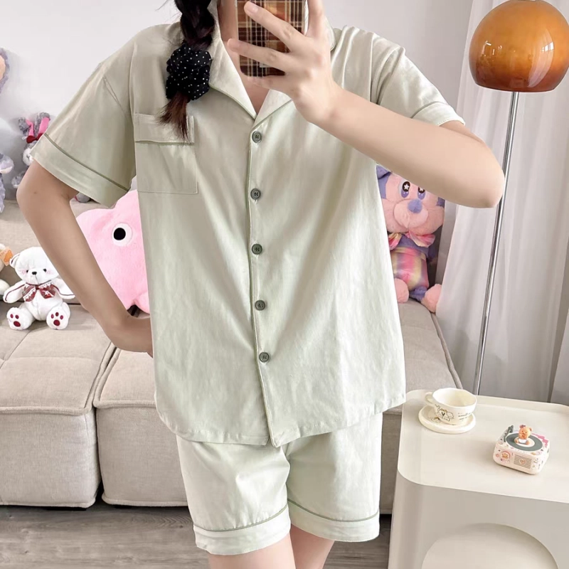 夏芬妍 简约休闲舒适时尚纯色纯棉翻领家居服亲肤宽松短袖短裤可外穿睡衣套装 女款