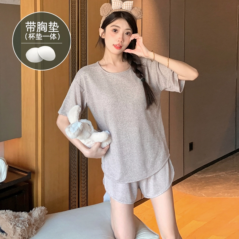 夏芬妍 柔软舒适慵懒风纯色圆领家居服亲肤休闲带胸垫短袖短裤时尚可外穿睡衣套装 女款 卡其色