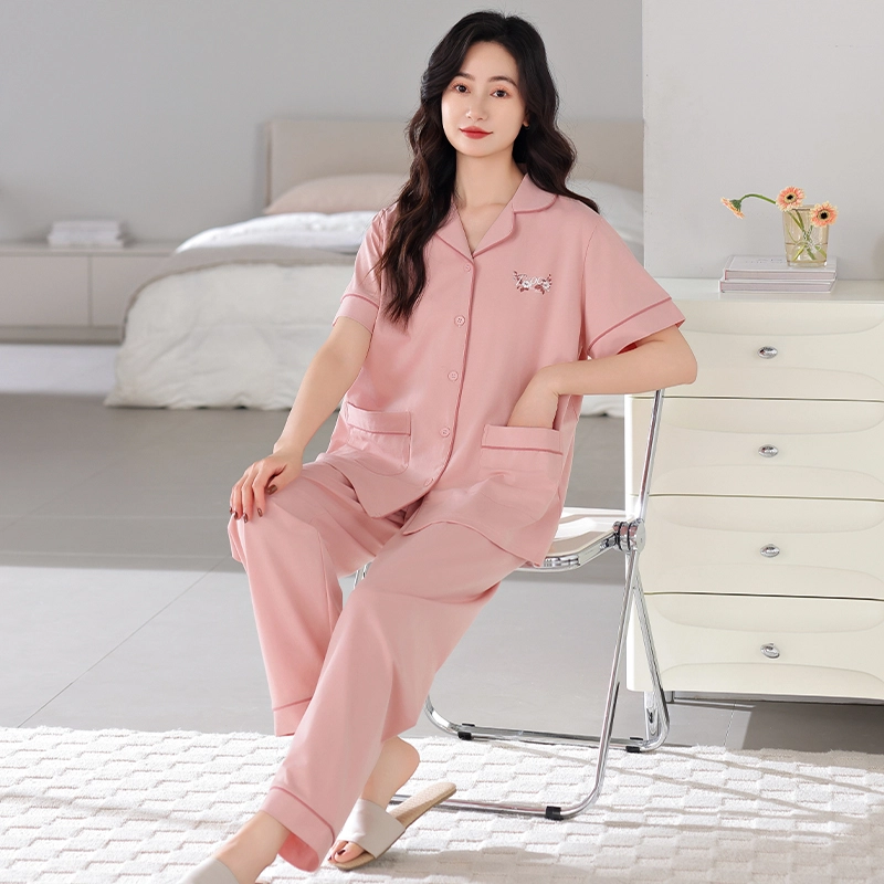 夏芬妍 简约时尚柔软舒适纯色气质绣花翻领家居服亲肤休闲短袖长裤可外穿睡衣套装 女款