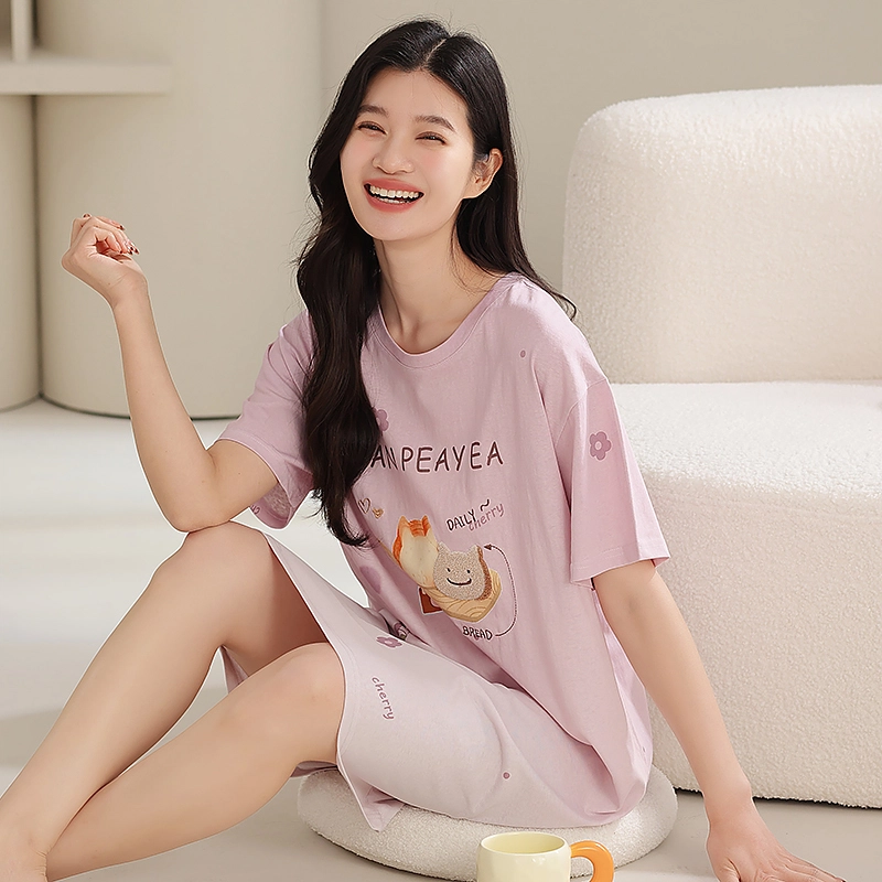 夏芬妍 时尚柔软亲肤面包猫咪圆领家居服简约休闲舒适短袖睡衣可外穿睡裙 女款 浅紫色