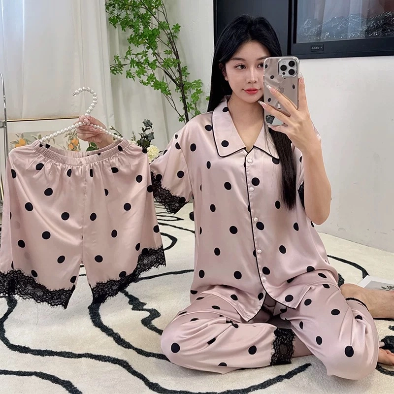 夏芬妍 甜美休闲高级感波点蕾丝冰丝翻领家居服舒适亲肤宽松短袖三件套可外穿睡衣套装 女款 粉色